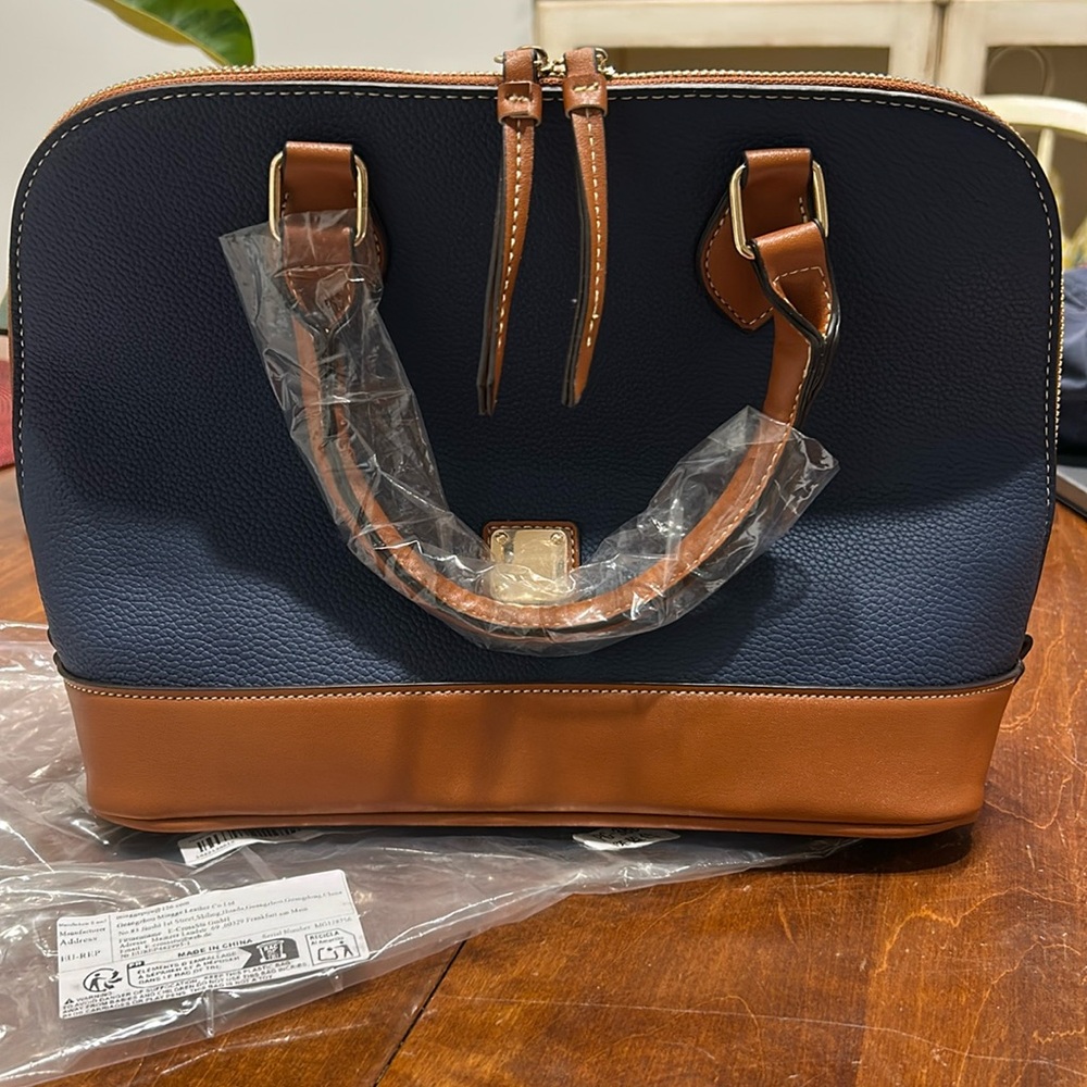 Blue and Brown Pebbled Vegan Leather Satchel NEW - Picture 6 of 8